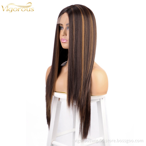 Vigorous Long Straight Synthetic Blend Wig Extension Heat Resistant Highlight Brown Black Women Lace Front Synthetic Hair Wigs